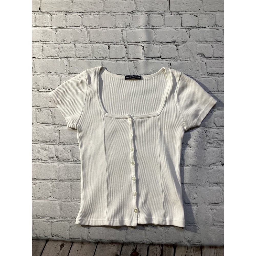 Brandy Melville White Ribbed Button Front Square Neck Short Sleeve Top One Size